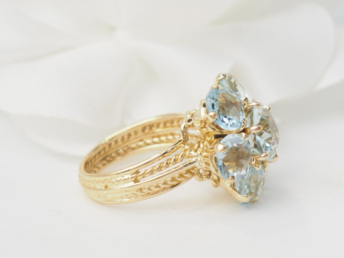 Antique Flower Ring In Yellow Gold And Aquamarines-photo-5