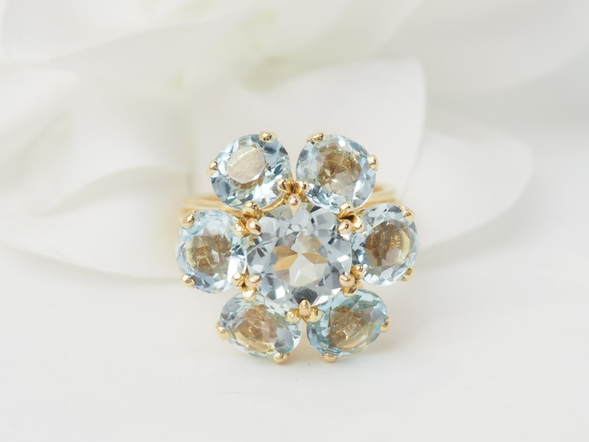 Antique Flower Ring In Yellow Gold And Aquamarines-photo-7