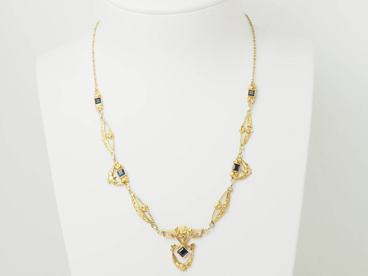 Collier Art Nouveau draperie en or jaune et saphirs -photo-2