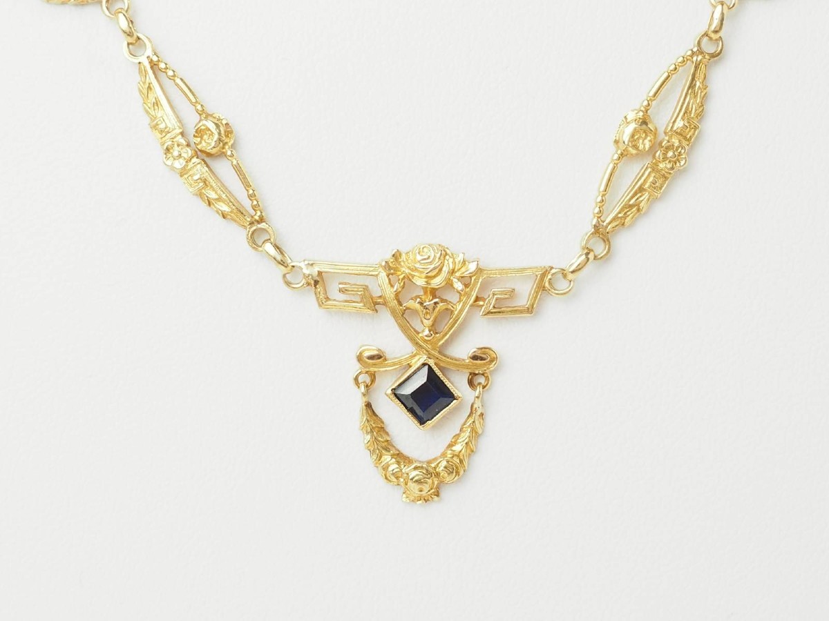 Collier Art Nouveau draperie en or jaune et saphirs -photo-4