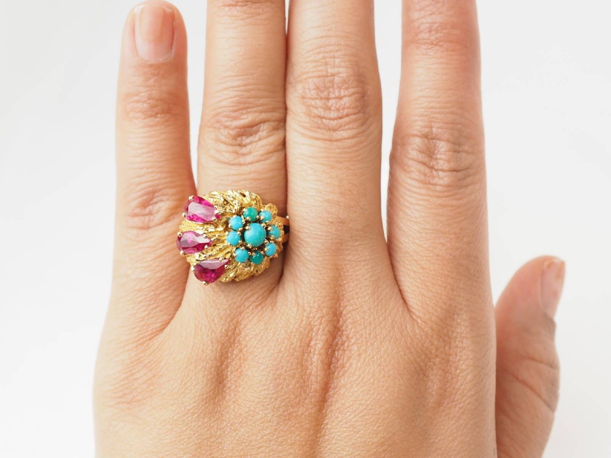 Antique 18 Carat Yellow Gold Ruby And Turquoise Flower Ring-photo-2