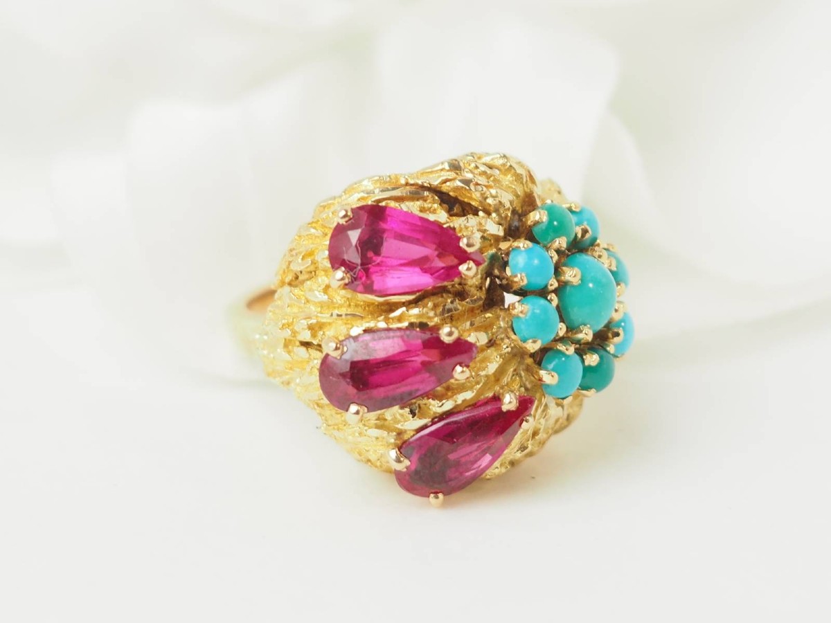 Antique 18 Carat Yellow Gold Ruby And Turquoise Flower Ring-photo-3