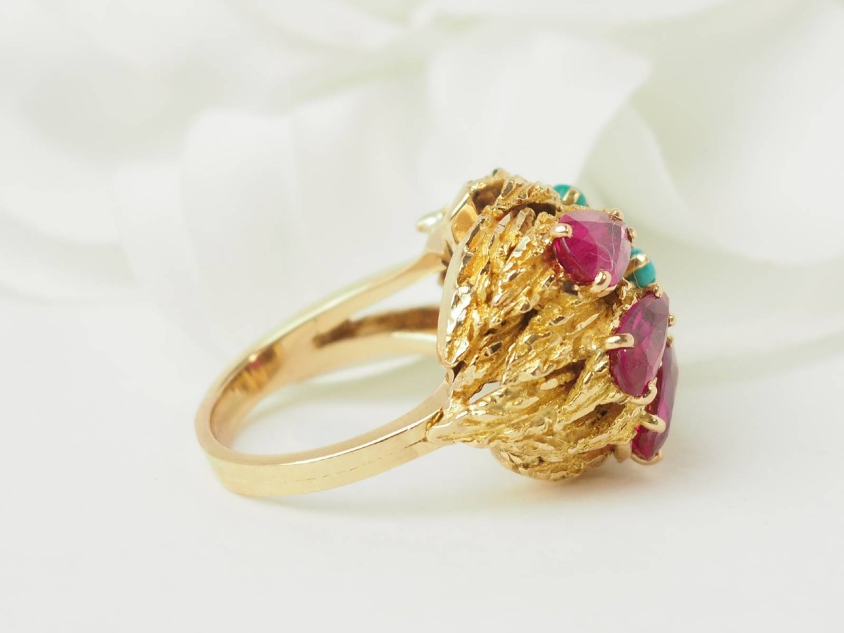 Antique 18 Carat Yellow Gold Ruby And Turquoise Flower Ring-photo-4