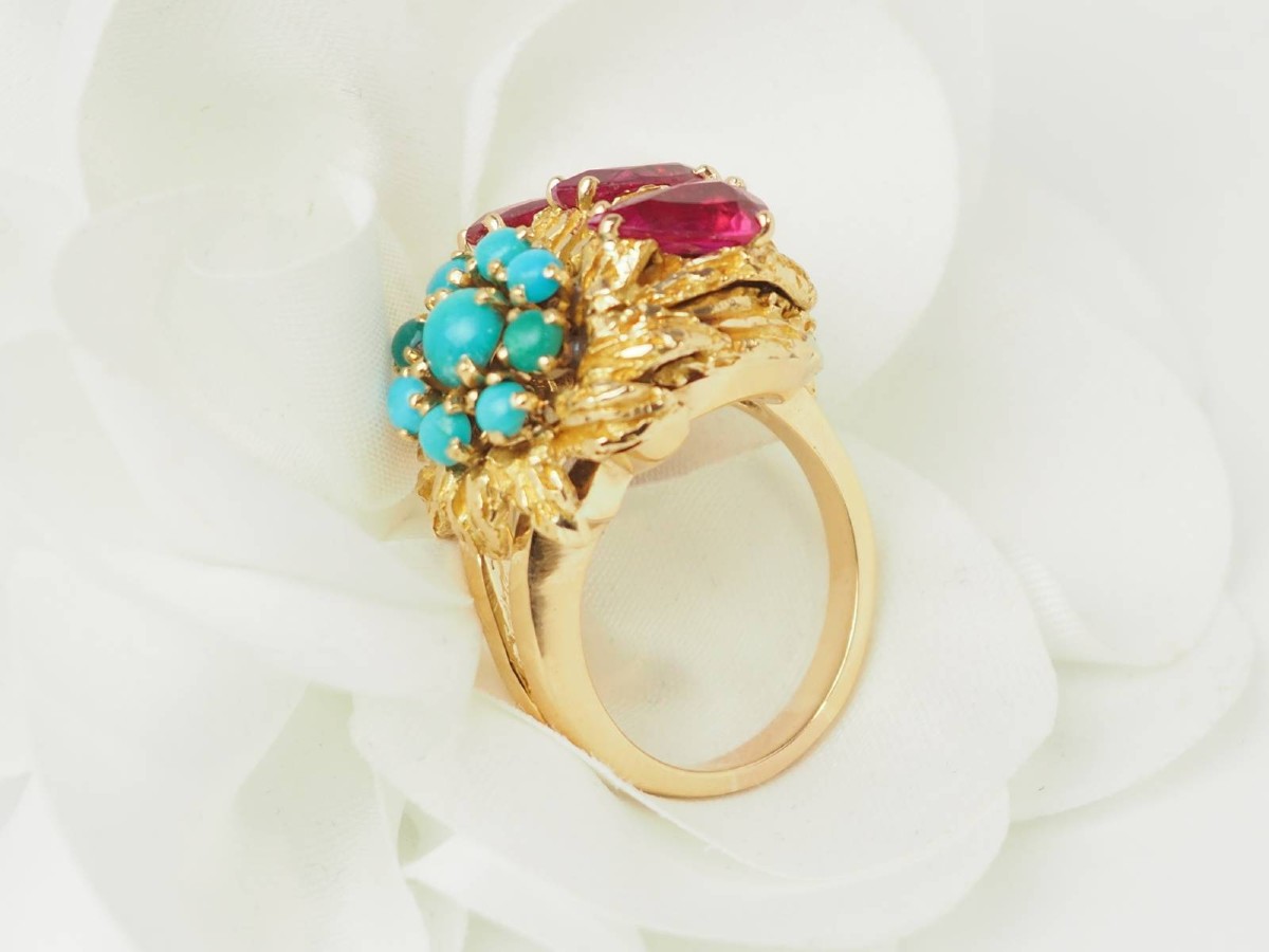 Antique 18 Carat Yellow Gold Ruby And Turquoise Flower Ring-photo-1