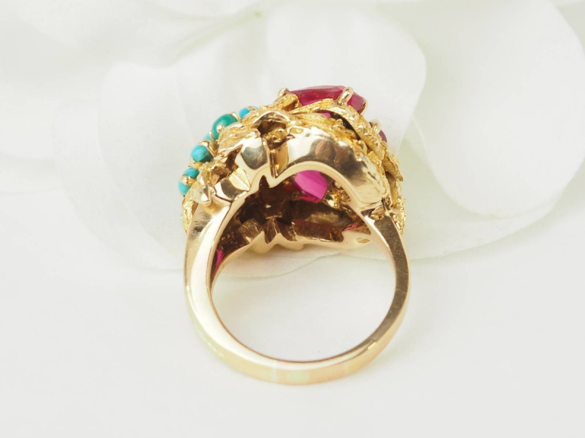 Antique 18 Carat Yellow Gold Ruby And Turquoise Flower Ring-photo-2