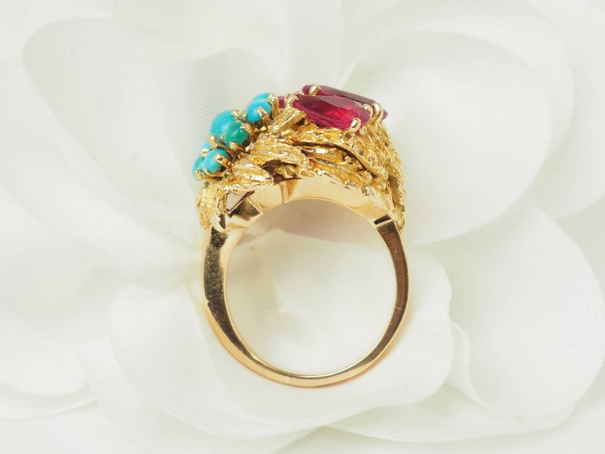 Antique 18 Carat Yellow Gold Ruby And Turquoise Flower Ring-photo-3
