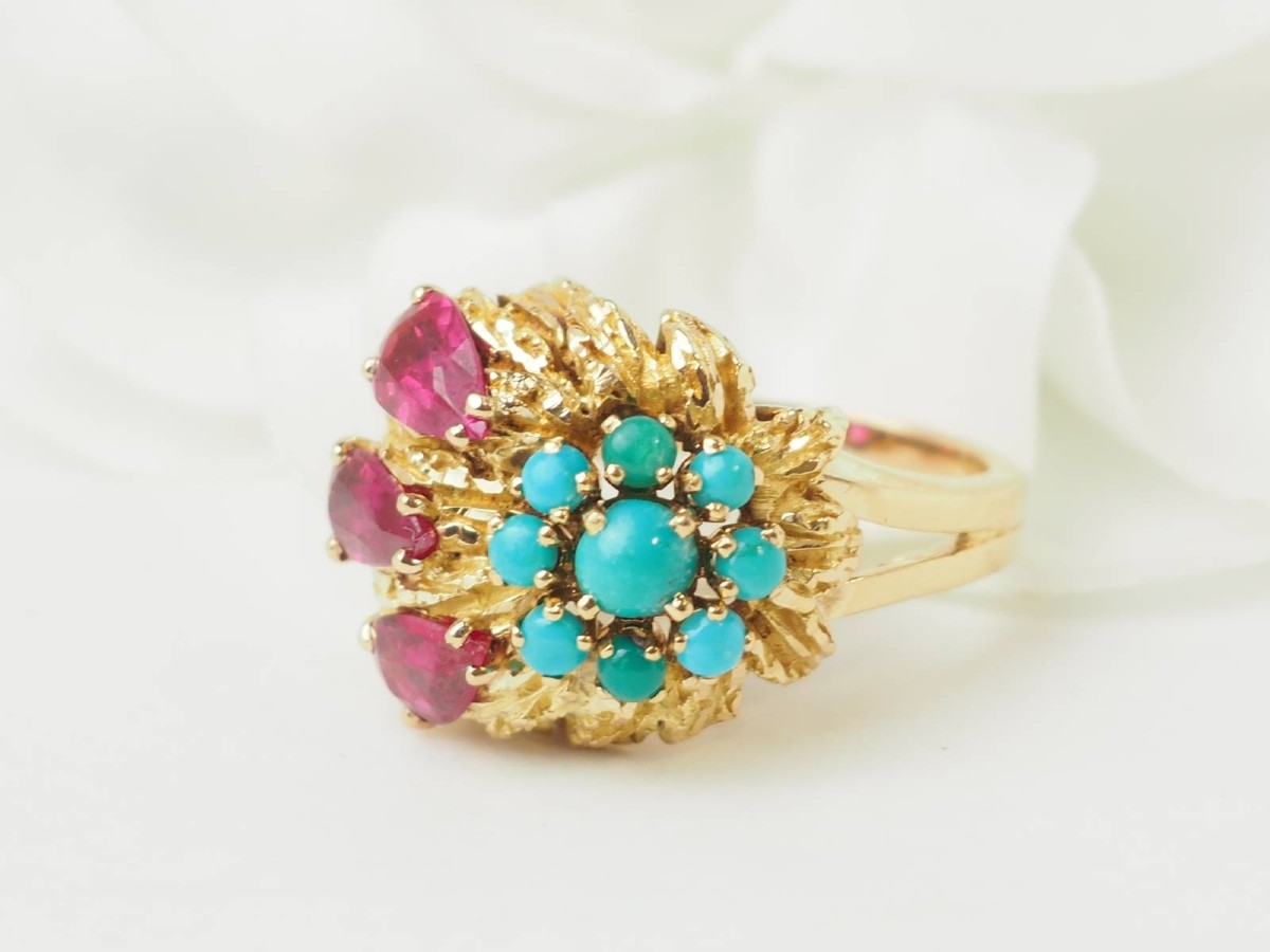Antique 18 Carat Yellow Gold Ruby And Turquoise Flower Ring
