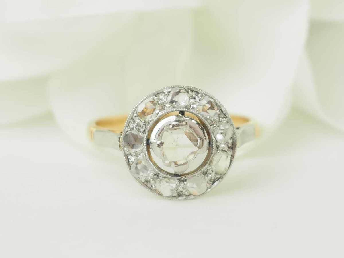 Bague Art Nouveau en or bicolore et diamants taille rose-photo-4