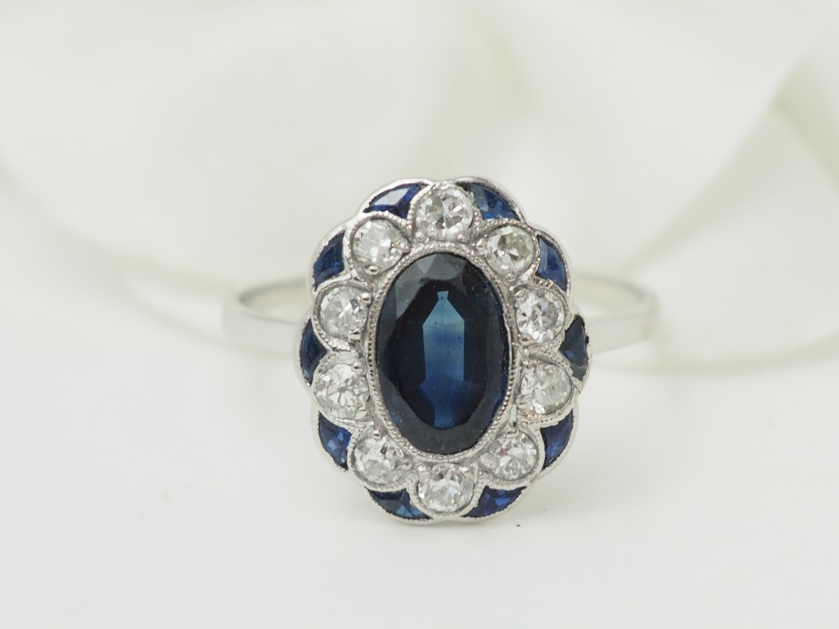 Bague Ancienne Pompadour Saphir 1,80ct Diamants 0,50ct Or Blanc Art Déco-photo-3