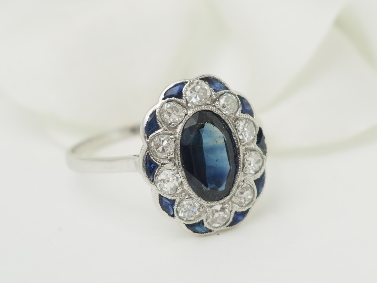 Bague Ancienne Pompadour Saphir 1,80ct Diamants 0,50ct Or Blanc Art Déco-photo-4