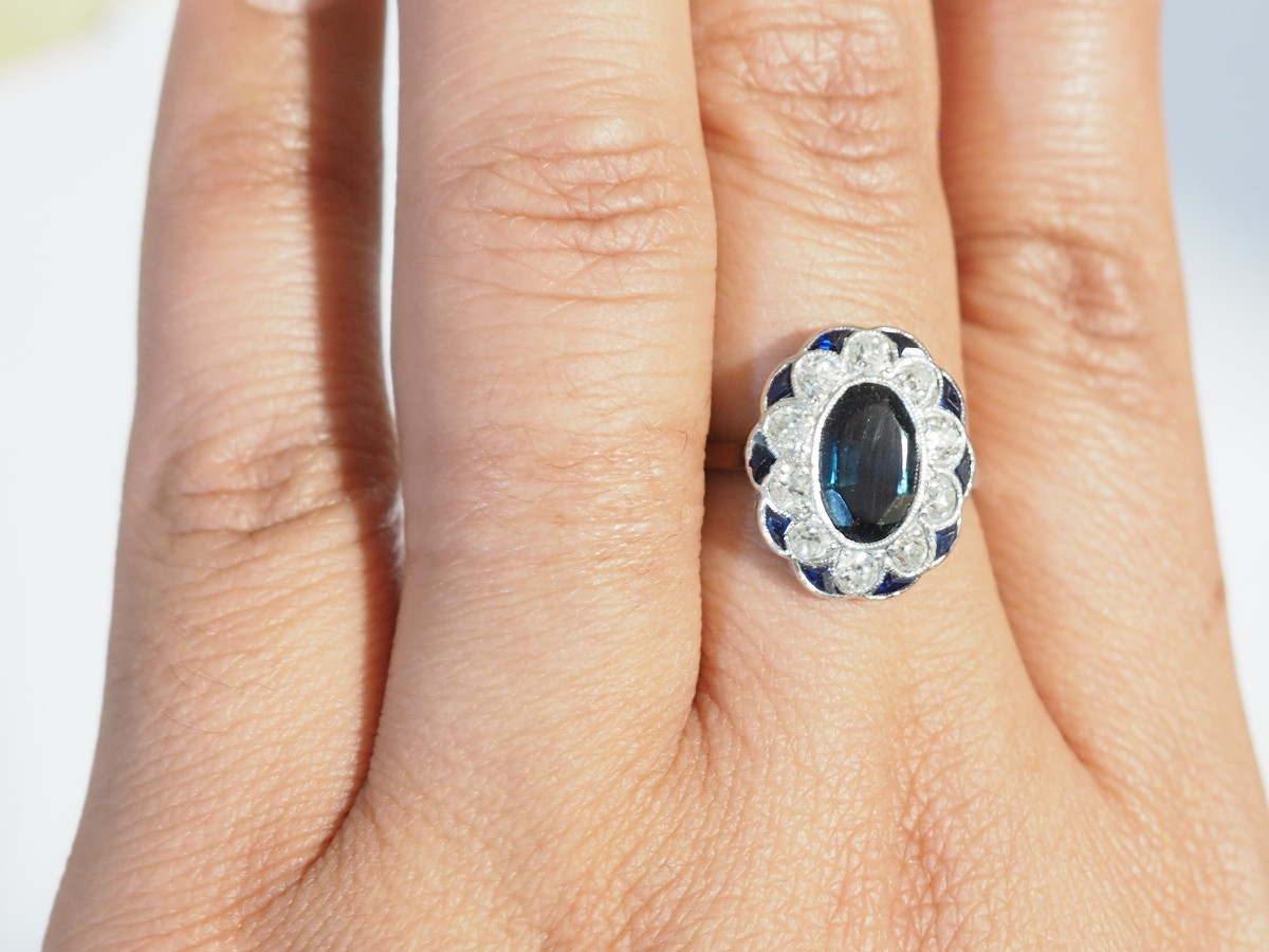 Bague Ancienne Pompadour Saphir 1,80ct Diamants 0,50ct Or Blanc Art Déco-photo-4