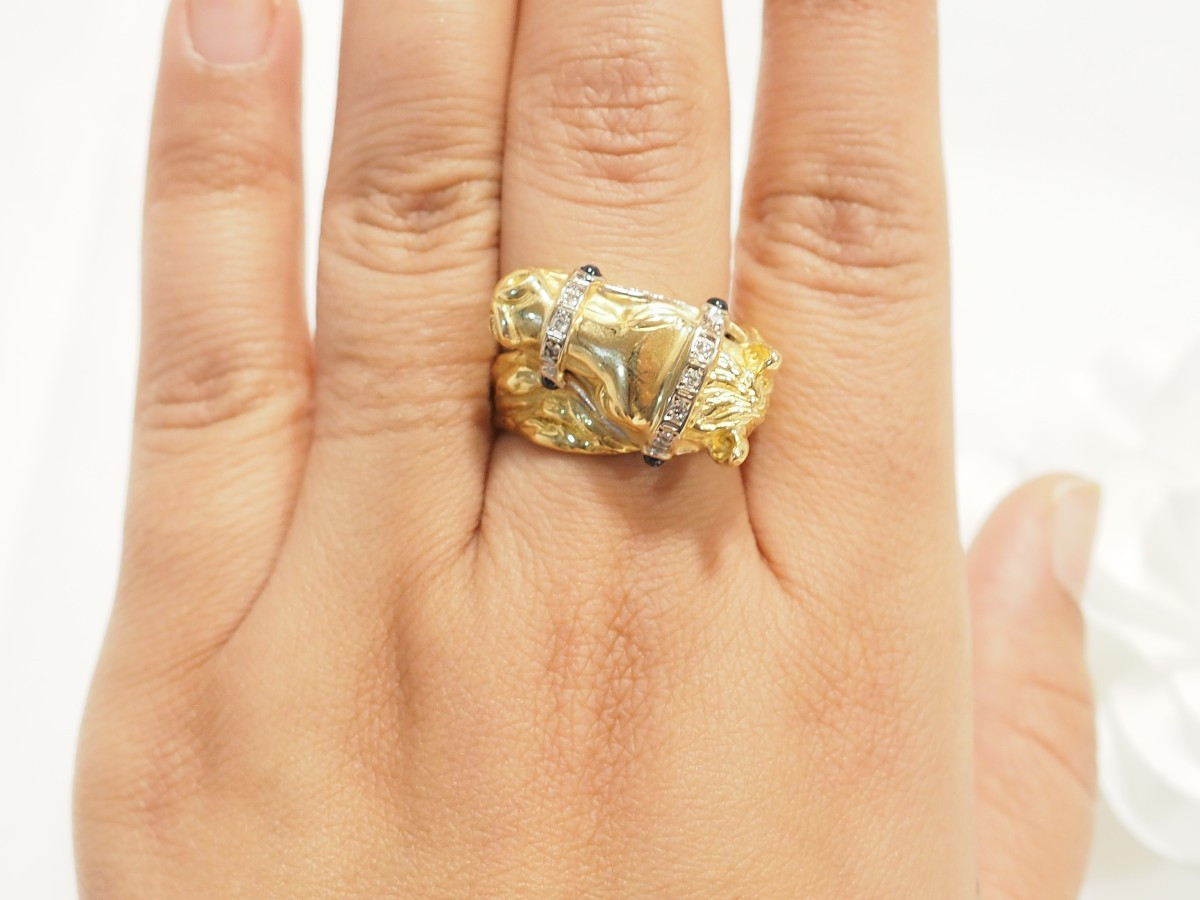 Bague cheval en or jaune 18 carats, diamants & saphirs-photo-2