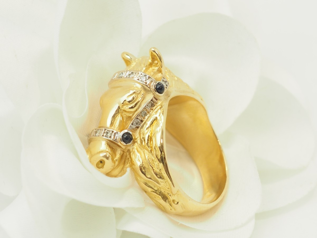 Bague cheval en or jaune 18 carats, diamants & saphirs-photo-1