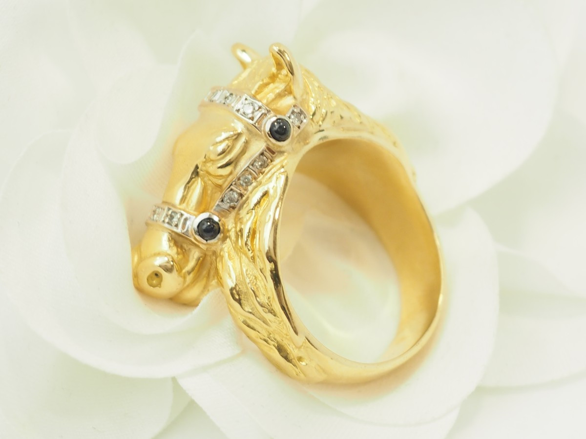 Bague cheval en or jaune 18 carats, diamants & saphirs-photo-3