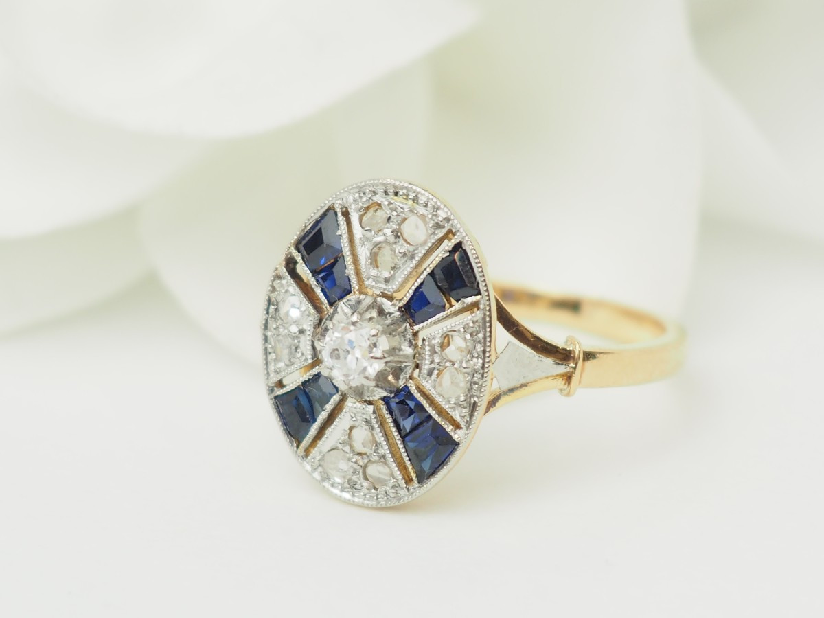 Bague Art Déco Saphirs Calibrés et Diamants Taille Rose Or 18kt Platine-photo-4