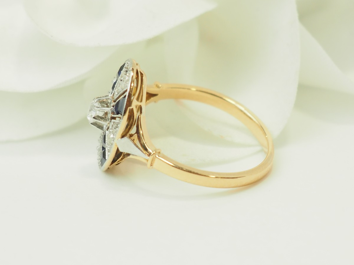 Bague Art Déco Saphirs Calibrés et Diamants Taille Rose Or 18kt Platine-photo-1