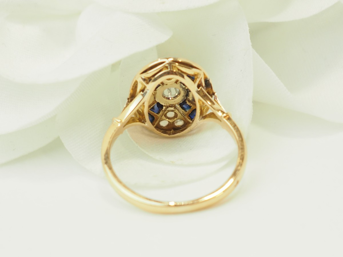 Bague Art Déco Saphirs Calibrés et Diamants Taille Rose Or 18kt Platine-photo-2