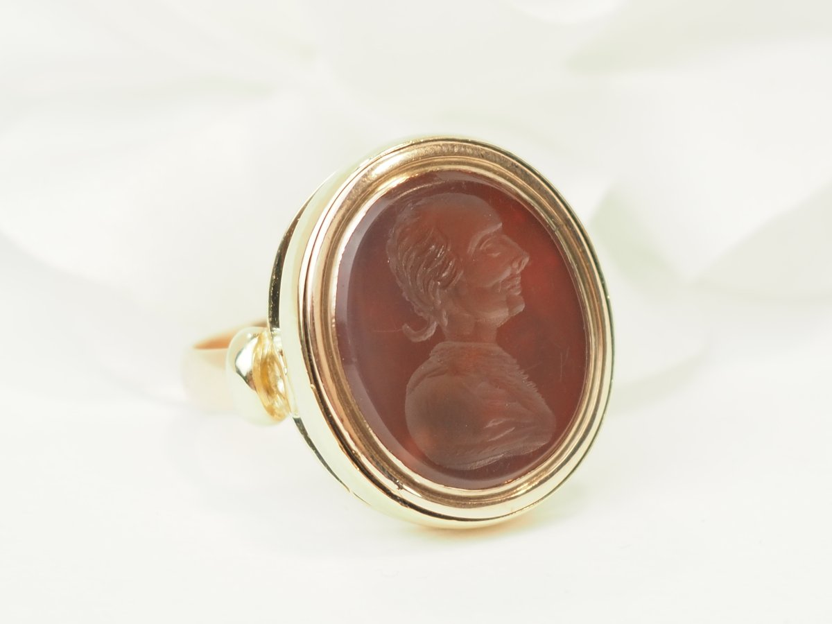 Bague intaille sur cornaline en or jaune et or rose-photo-4