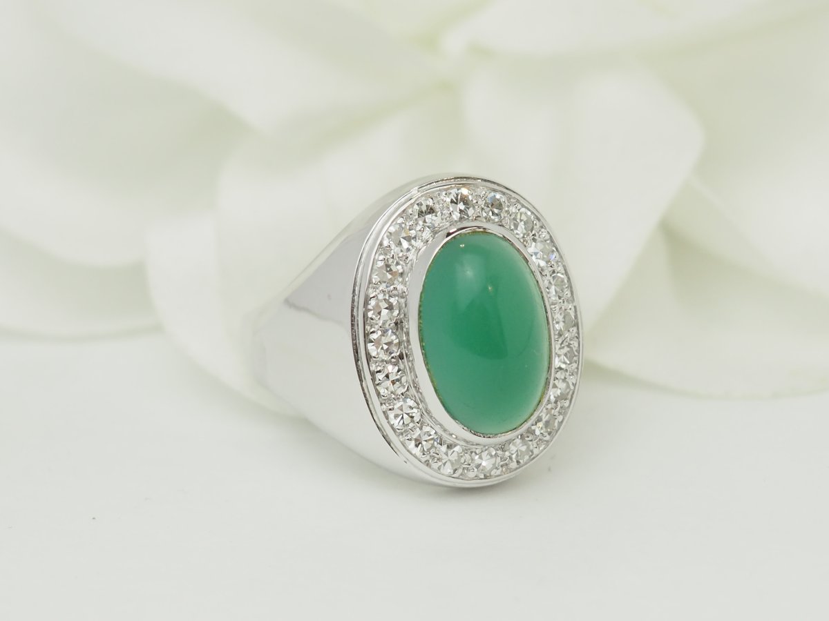 Bague chevalière ancienne en or blanc, agate verte et diamants-photo-3