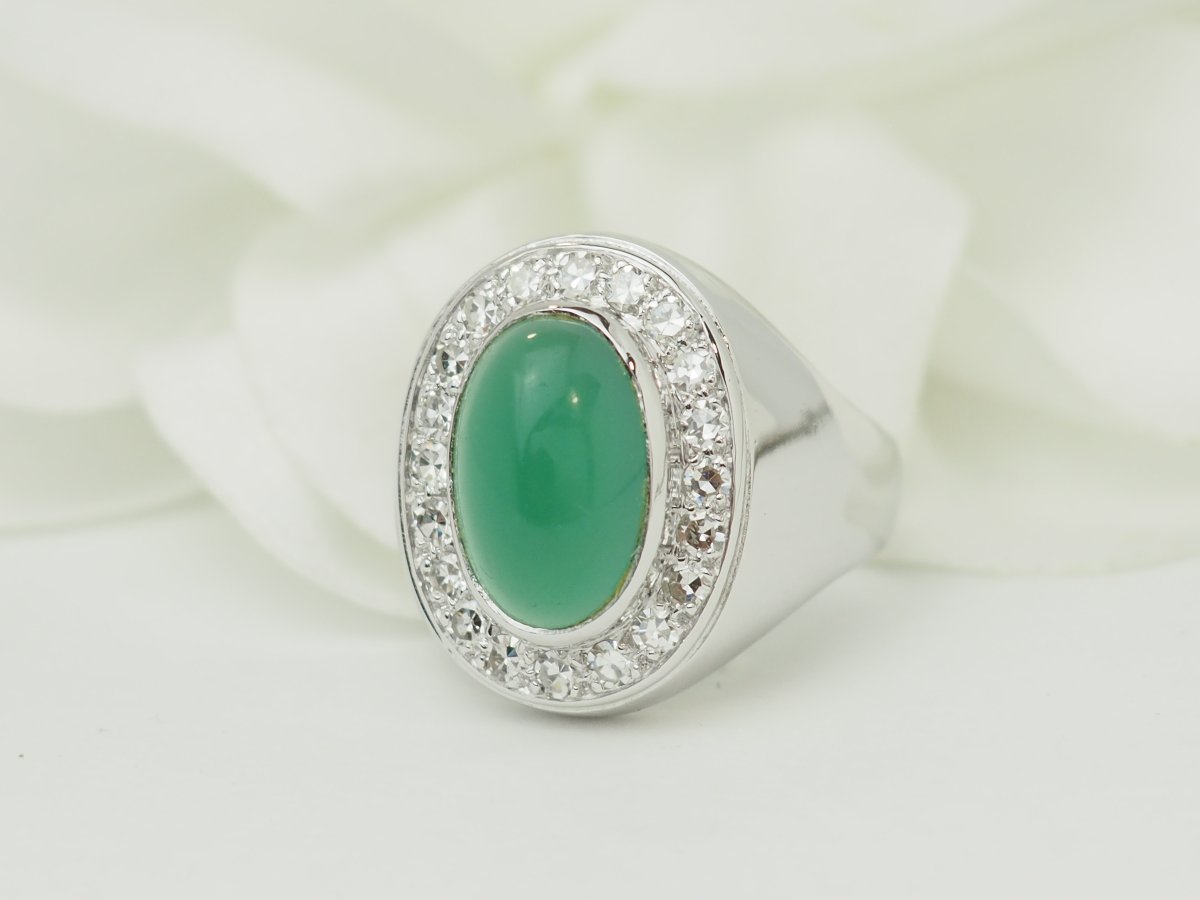 Bague chevalière ancienne en or blanc, agate verte et diamants-photo-4