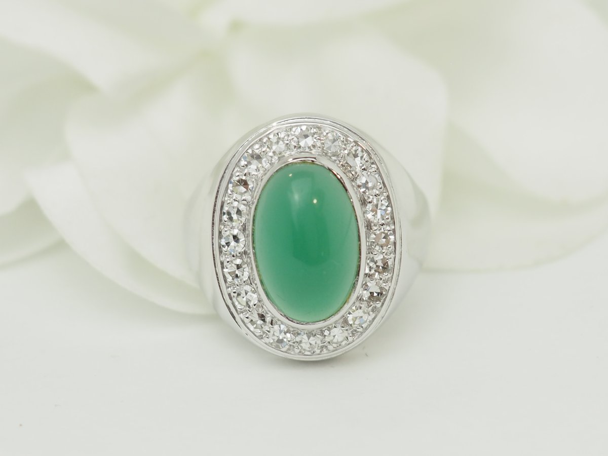 Bague chevalière ancienne en or blanc, agate verte et diamants-photo-1
