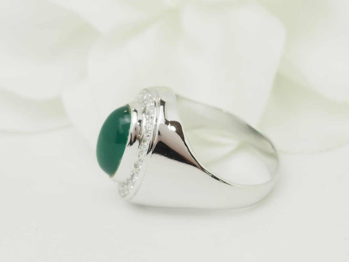 Bague chevalière ancienne en or blanc, agate verte et diamants-photo-2