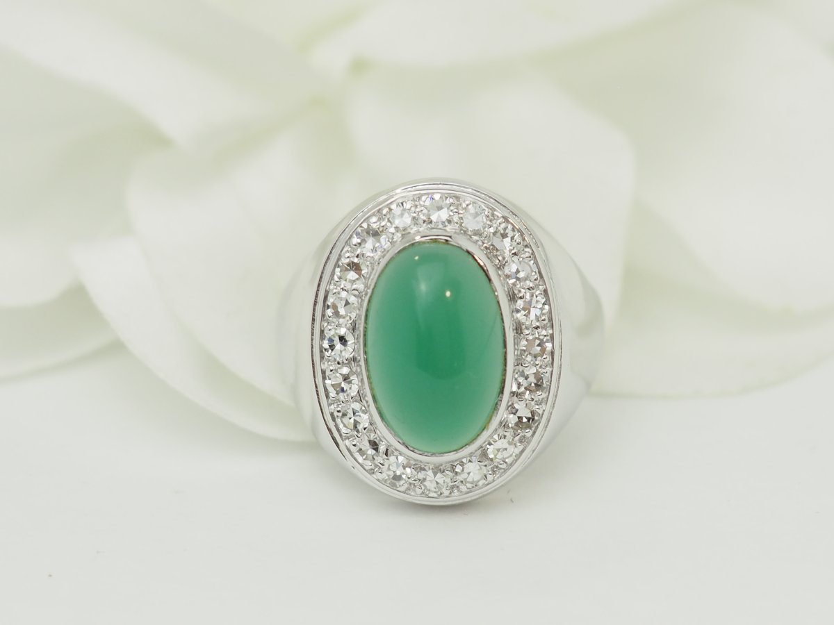 Bague chevalière ancienne en or blanc, agate verte et diamants-photo-4