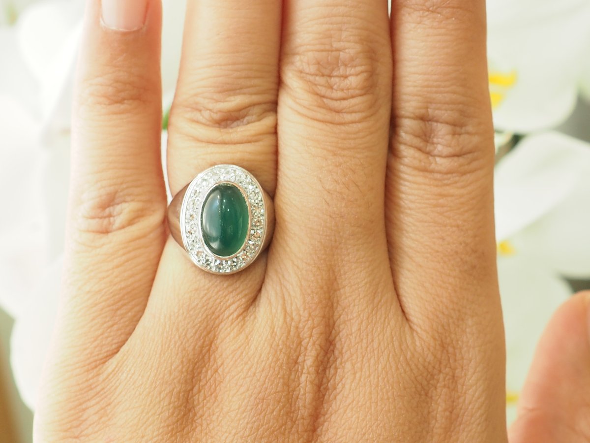 Bague chevalière ancienne en or blanc, agate verte et diamants-photo-5