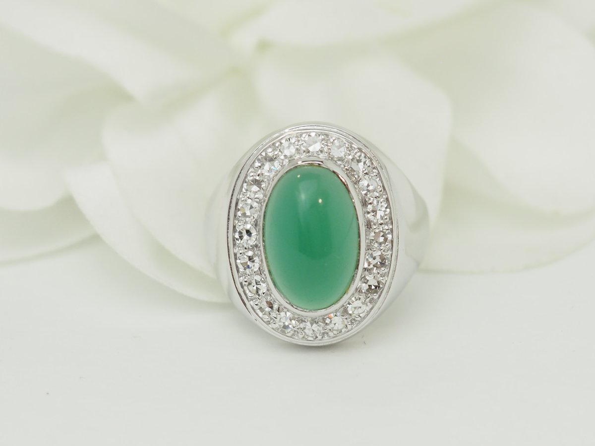 Bague chevalière ancienne en or blanc, agate verte et diamants-photo-6