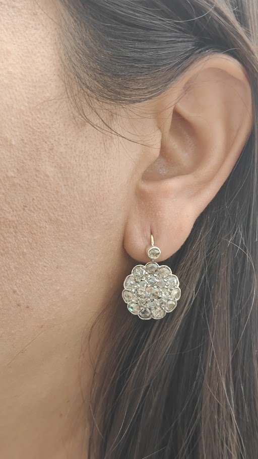 Boucles d'oreilles dormeuses Napoléon III en or argent et diamants taille rose -photo-2