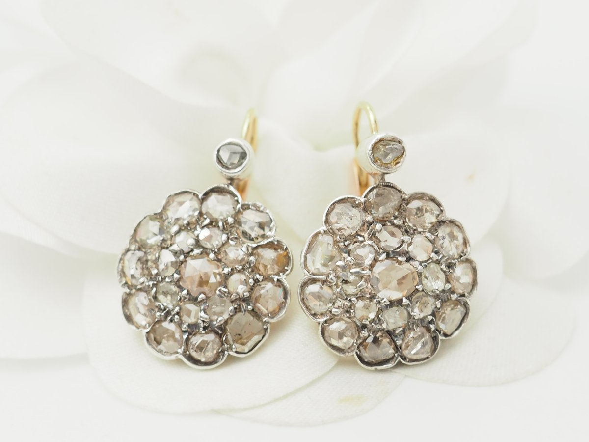 Boucles d'oreilles dormeuses Napoléon III en or argent et diamants taille rose -photo-3