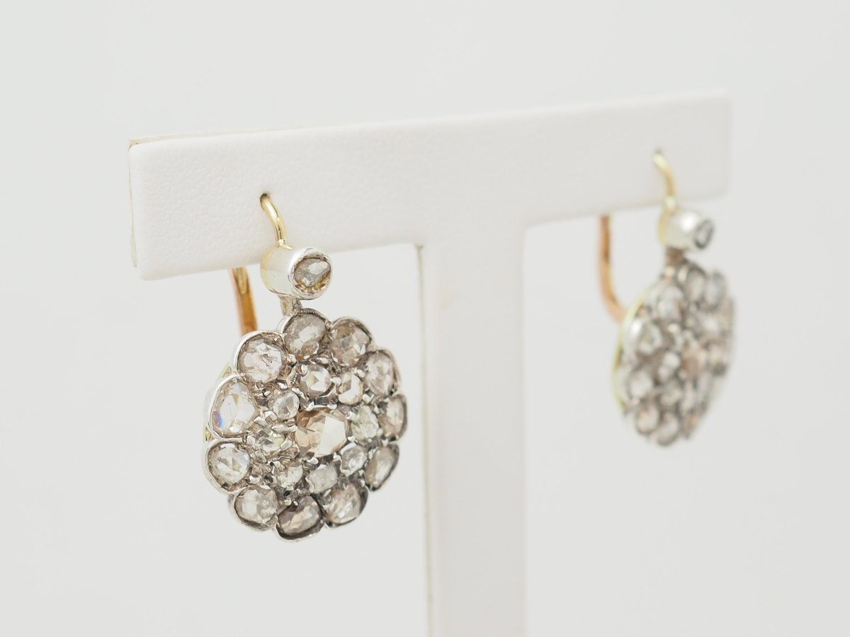 Boucles d'oreilles dormeuses Napoléon III en or argent et diamants taille rose -photo-4