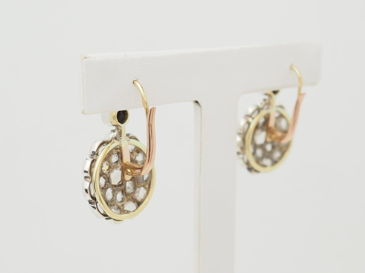 Boucles d'oreilles dormeuses Napoléon III en or argent et diamants taille rose -photo-2