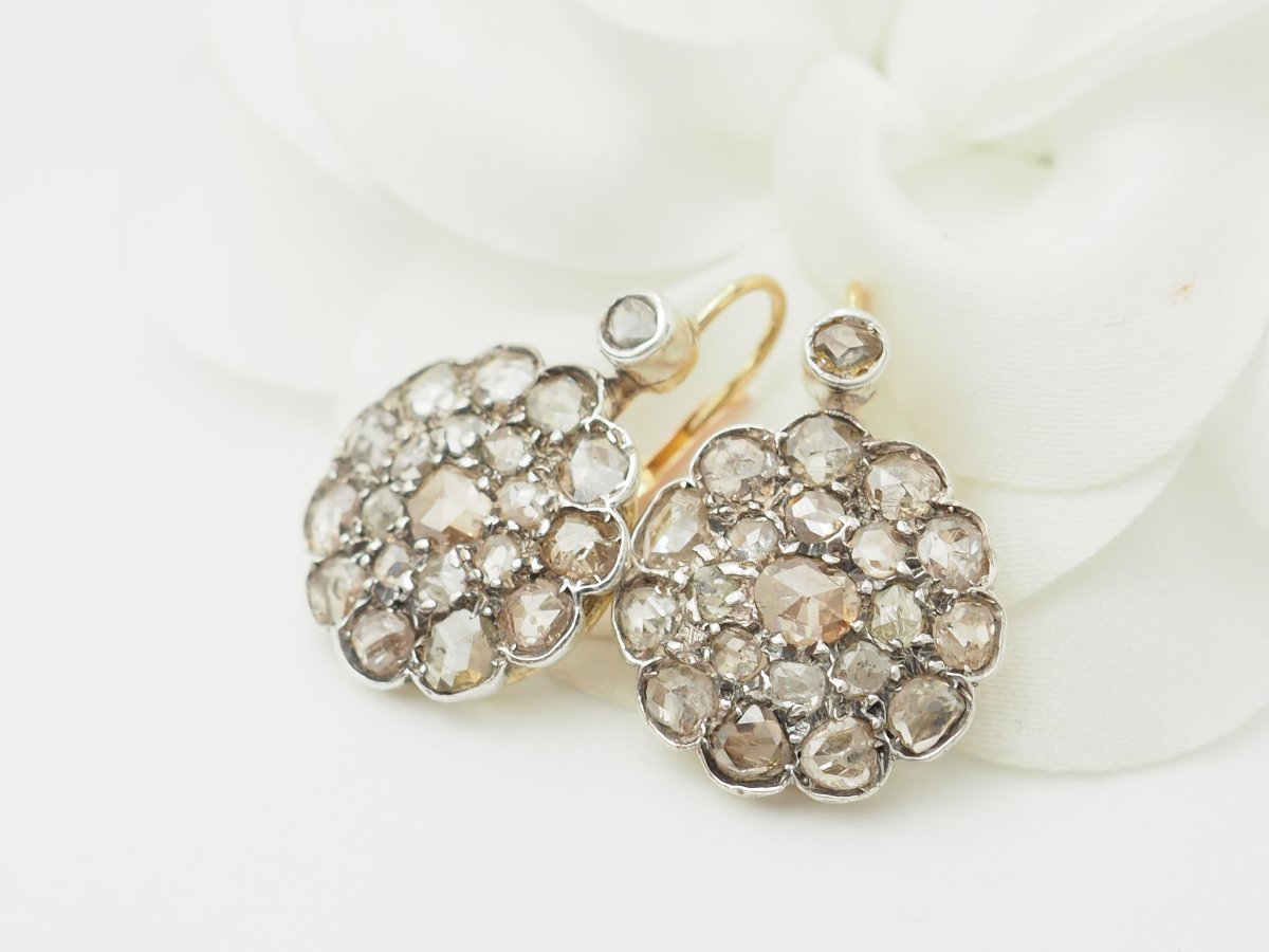 Boucles d'oreilles dormeuses Napoléon III en or argent et diamants taille rose -photo-3