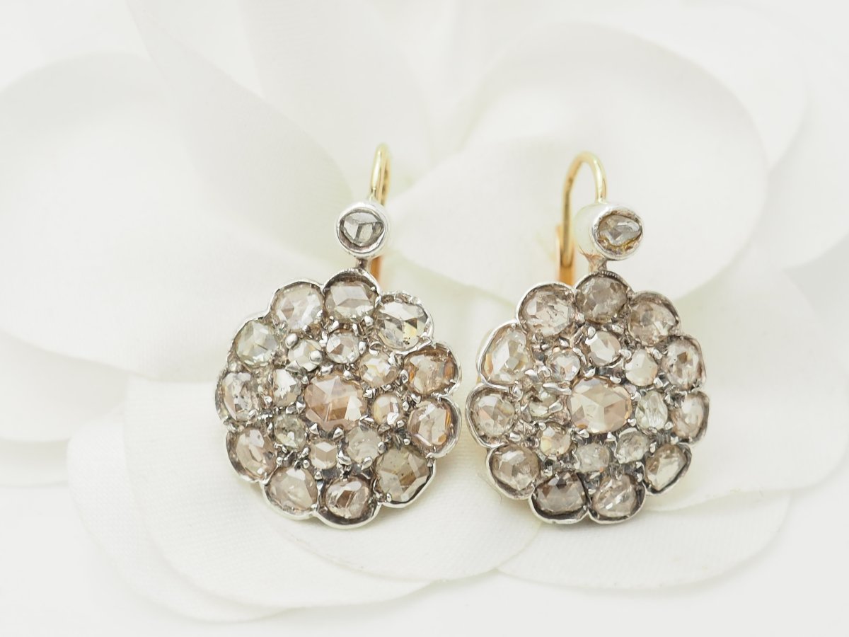 Boucles d'oreilles dormeuses Napoléon III en or argent et diamants taille rose -photo-4