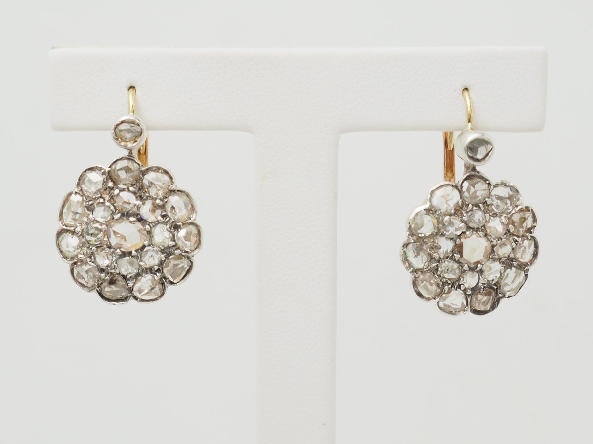 Boucles d'oreilles dormeuses Napoléon III en or argent et diamants taille rose 