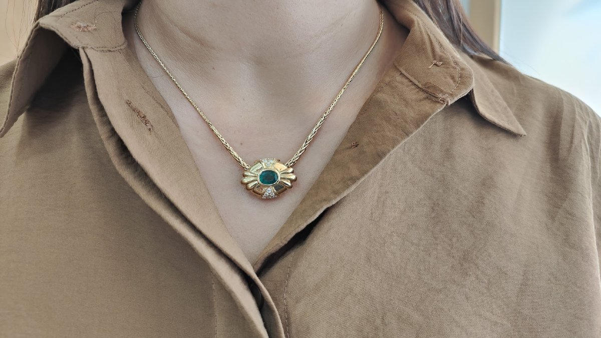 pendentif émeraude naturelle et diamants en or jaune-photo-5