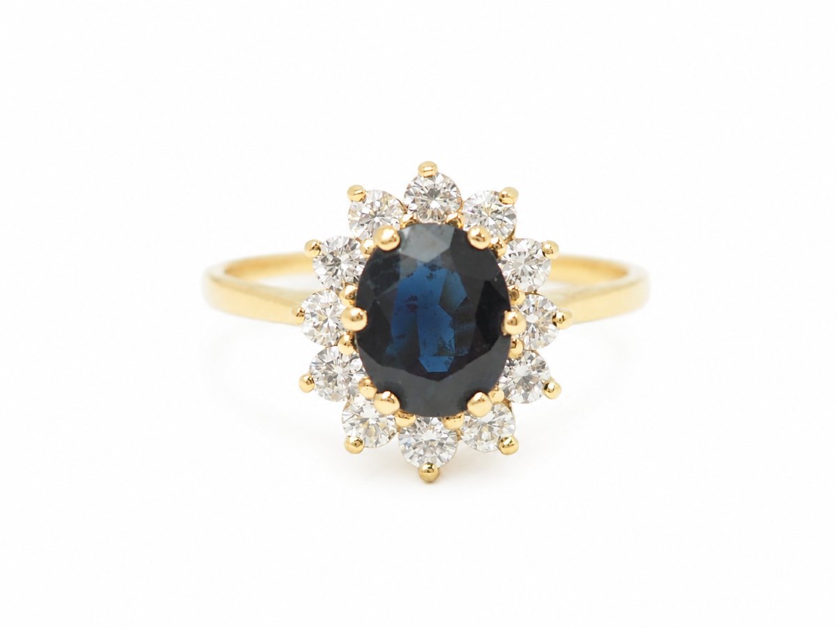 Bague marguerite saphir 2 ct diamants or jaune 