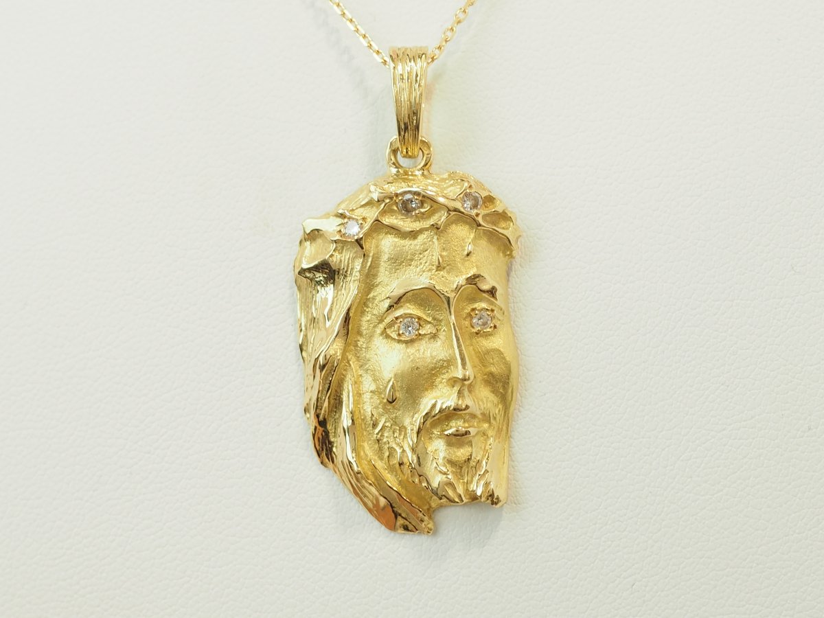 Pendentif Tête du Christ en or jaune 18 carats et diamants 0,10 ct-photo-3