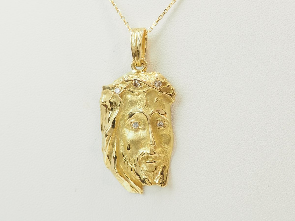 Pendentif Tête du Christ en or jaune 18 carats et diamants 0,10 ct-photo-1