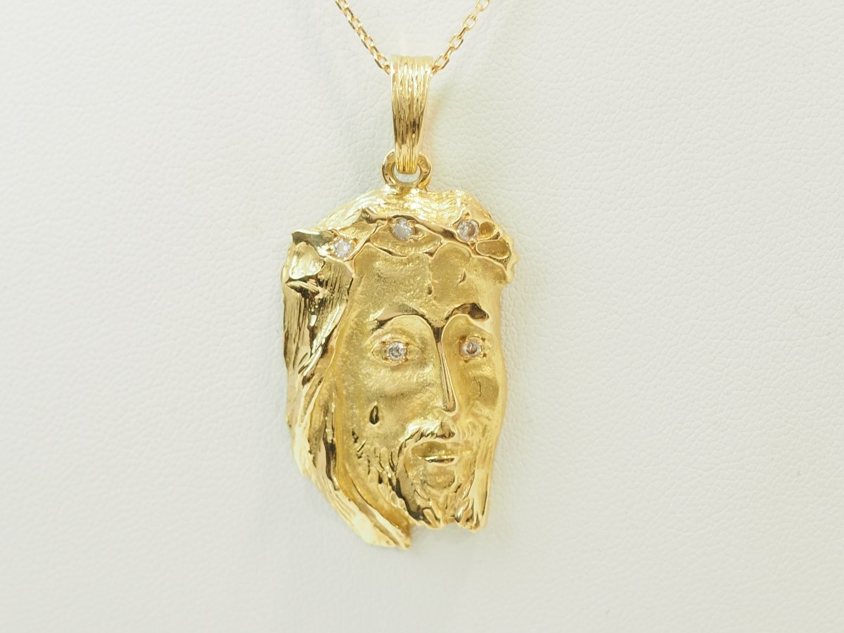 Pendentif Tête du Christ en or jaune 18 carats et diamants 0,10 ct-photo-3