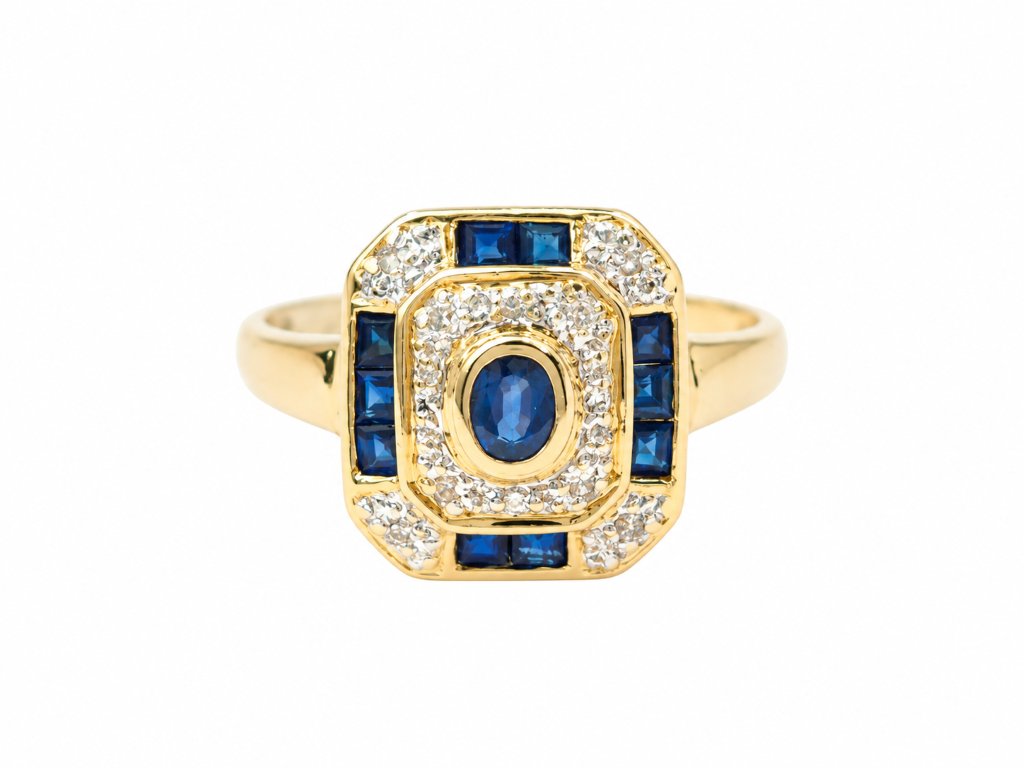 Bague vintage or jaune 18 carats – Saphirs bleus calibrés et diamants-photo-2