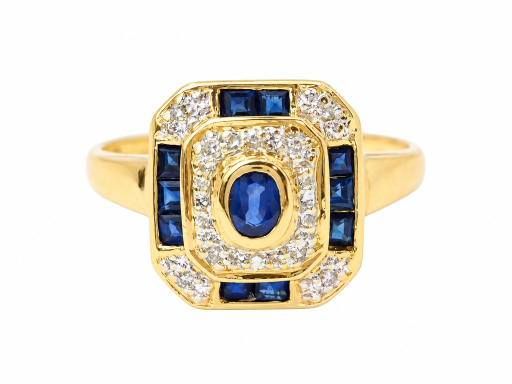 Bague vintage or jaune 18 carats – Saphirs bleus calibrés et diamants