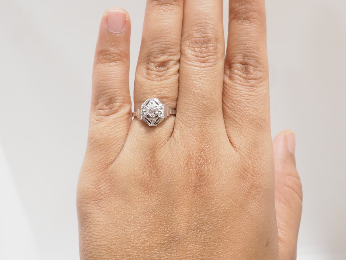 Bague octogonale années 1930 – Or 18 carats et diamants anciens-photo-2