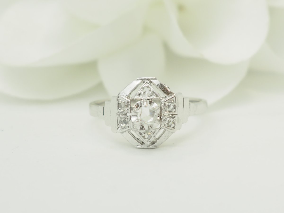 Bague octogonale années 1930 – Or 18 carats et diamants anciens-photo-3