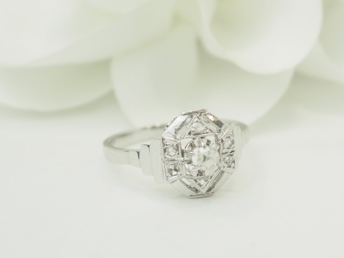 Bague octogonale années 1930 – Or 18 carats et diamants anciens-photo-4