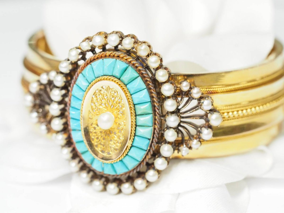 Bracelet Ancien  En Or Rose Serti De Turquoises Et Perles Fines.-photo-2
