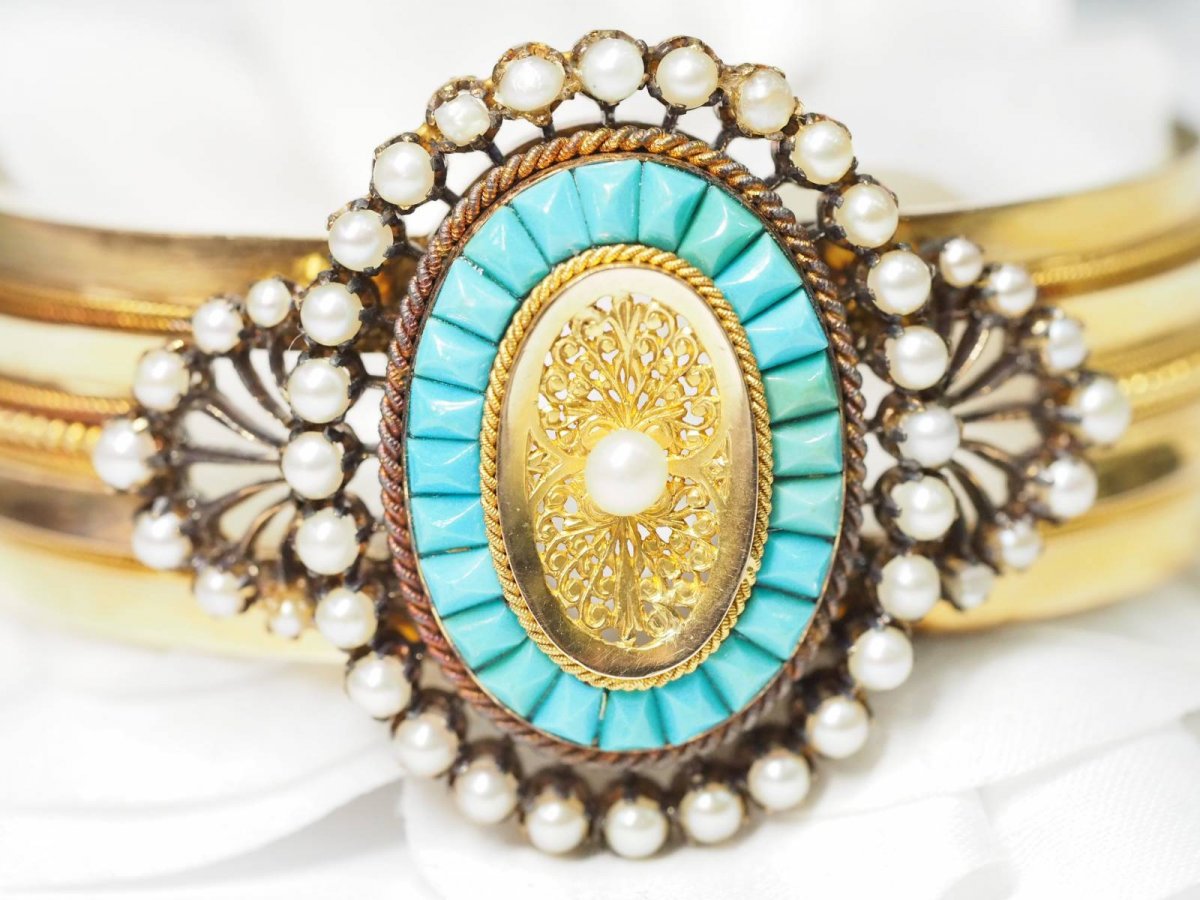 Bracelet Ancien  En Or Rose Serti De Turquoises Et Perles Fines.-photo-3