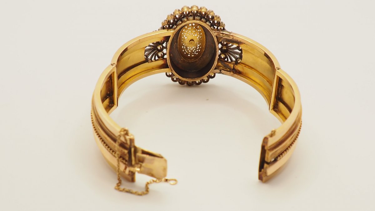 Bracelet Ancien  En Or Rose Serti De Turquoises Et Perles Fines.-photo-2