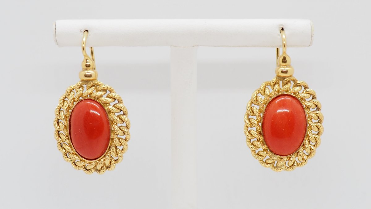 Boucles d'Oreilles En Or Jaune Et Corail-photo-2